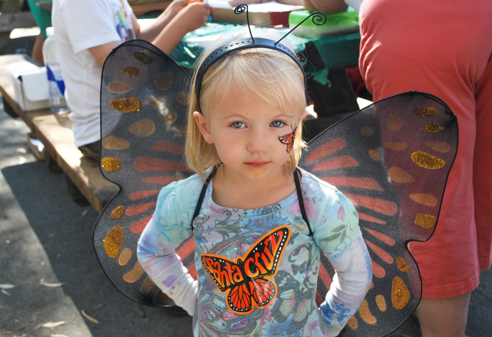 A child wearing butterfly wings